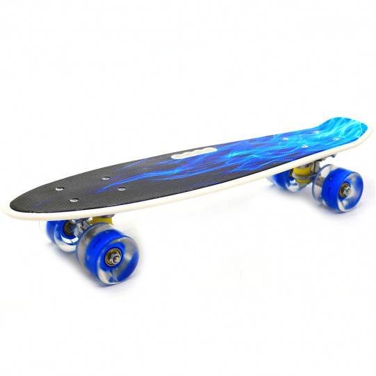 Пенни борд (скейт) с бесшумными светящимися колесами, ручка (голубой огонь) 70822