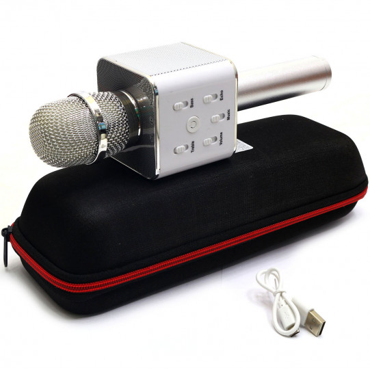 Беспроводной портативный микрофон-колонка для караоке с чехлом Серебряный (Q7)