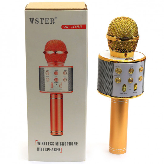 Беспроводной портативный микрофон-колонка Bluetooth для караоке Золото (WS-858)
