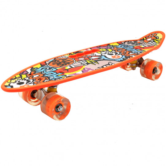 Пенни борд (скейт) оранжевый со светящимися колесами и ручкой. Бесшумный Penny Board, 59*16*9 см, (MS 0461-2)