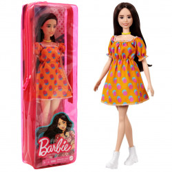 Кукла Барби Barbie «Модница» шатенка, оранжевое платье в горошек, 29 см, (GRB52)