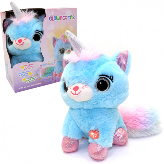 Мягкая интерактивная игрушка котенок единорог «Glowcorns» свет звук голубой от 3 лет 28*16*30 см (2124-1)