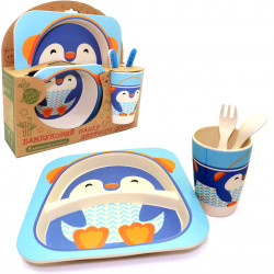 Набор детской бамбуковой посуды Stenson Пингвин 5 предметов (МН-2770-11)