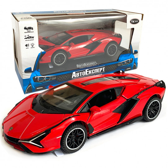 Игрушечная машинка металлическая Lamborghini Sian (Ламборгини сиан) "АвтоЕксперт", красный цвет, свет, звук, инерция, открываются двери, багажник, капот, 15*6*4см, 28104