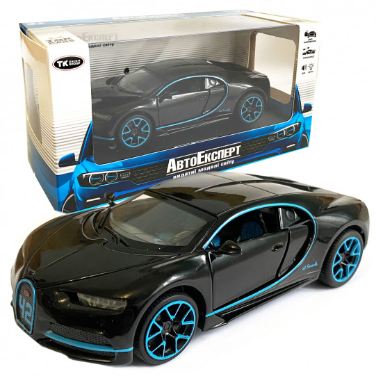 Игрушечная машинка металлическая Бугатти Широн «АвтоЕксперт» Bugatti Chiron 1:32 черная инерц., свет, звук, откр. двери,14*6*5 см (LF - 83880)