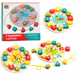 Деревянная игра "Часы" "4FUN Game Club wood", 3 вида, сортер, шнуровка, в кор., 18*2*18см., (12964)