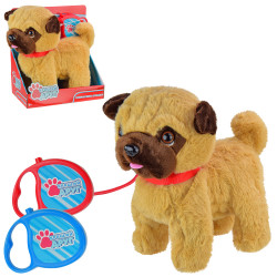 М'яка іграшка інтерактивна собачка Кращий друг, мопс на повідку, коричневий, гавкає, ходить, виляє хвостом,  22см (PL82011)