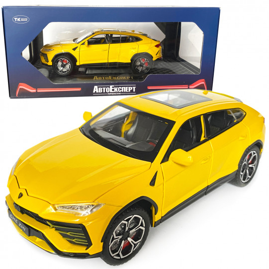 Машинка металева Lamborghini Urus, Ламборгіні Урус, Автоексперт, жовта, 1:24,метал, звук,світло,інерція,рухомі елементи, 21*6*8см (GT-06441)