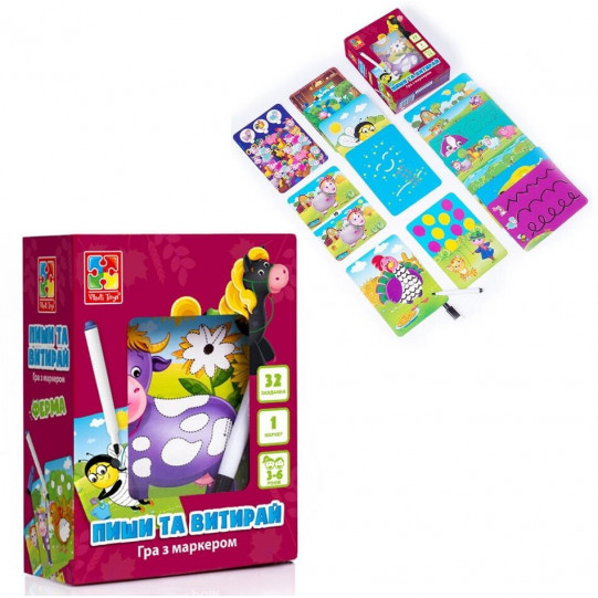 Гра з маркером Пиши і витирай "Ферма"  Vladi Toys, 16 карточок, маркер (VT 5010-19)