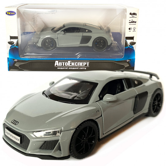 Игрушечная машинка металлическая Audi R8 V10 performance, Ауди, серая, звук, свет, инерция, откр двери, багажник, капот, Автоэксперт, 1:32,14*7*4,5см (ТК-16650)