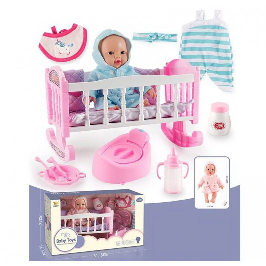 Пупс з аксесуарами "Baby Toys" лялька 21см, ліжечко, горщик, одяг, аксесуари, рожевий (BLS-W 74)