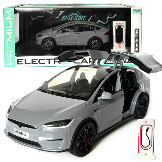 Машинка металева Tesla Model X Electrocar Тесла Модель X Електрокар сіра 1:24 зарядна станція звук світло відч двері капот багажник гум колеса 18*6*8см (AP-2004)