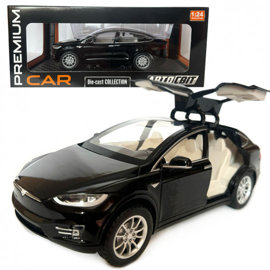 Машинка металева Tesla Model x 90D Тесла чорна 1:24 світло звук відкриваються двері баг капот резинові колеса 21*7*10 см (AP-2048)