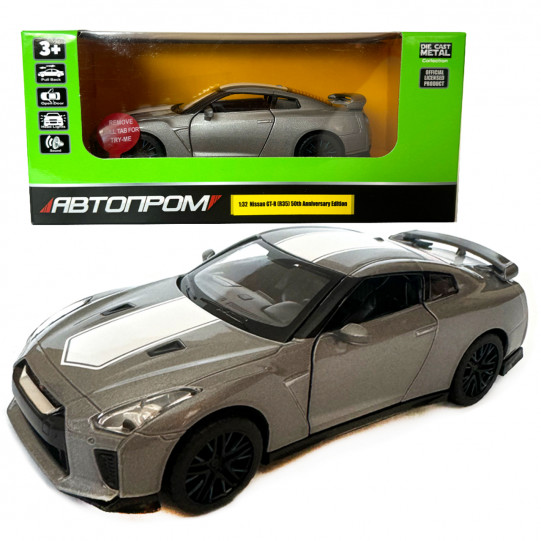 Машина металева Nissan GT-R Anniversary Edition ніссан Автопром синя 1:32  світло звук відкр двері 14*5,5*4см (68469)