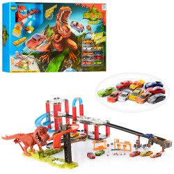 Детская парковка-гараж «Голодный динозавр» + 10 машинок (Трек, трамплин, динозавр, металлические машинки)