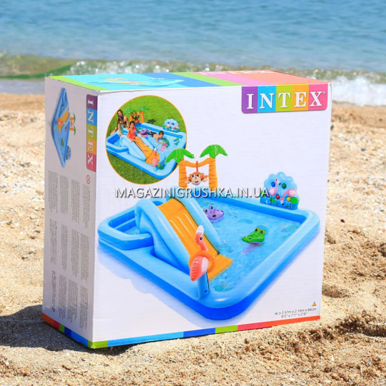 Детский надувной игровой центр Intex 57161 «Приключения в Джунглях» с горкой, игрой в кольца, шариками, надувньми игрушками, 257х216х84см.