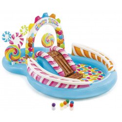 Детский надувной игровой центр-бассейн Intex «Карамель» 295х191х130см, 374 л.,с надувными игрушками, с разбрызгивателями и горкой(57149)