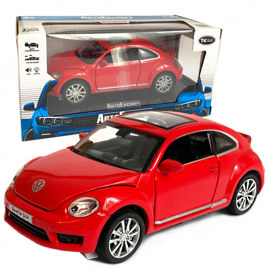 Машинка металлическая Volkswagen Beetle GSR «Автоексперт» Фольксваген жук, красный цвет, звук, свет, окр. двери, багажник, капот, 14*6*5 см (90544/12012)