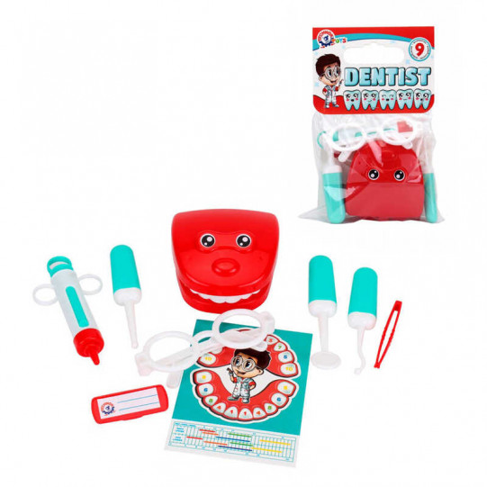 Игровой набор стоматолога  ТехноК 9 предметов щелепа, очки, бейдж, инструменты в пакете  25*14*3 см (6641)