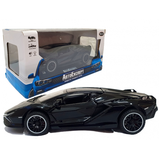 Игрушечная машинка металлическая Lamborghini Sian (Ламборгини сиан) "АвтоЕксперт", черный цвет, свет, звук, инерция, открываются двери, багажник, капот, 15*6*4см, 28104