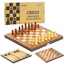  Набір 3в1 Шахи, шашки, нарди, магнітні, дерев'яна дошка, дерев'яні фігури, в кор., розмір поля 34*34*2см. (С45205)