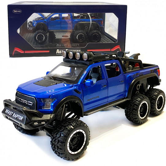 Машинка металлическая детская Ford Raptor с мотоциклом внедорожник, синий, Автоэксперт, 1:24, свет, инерция, открываются двери, багажник, капот, 21*9*9см (GT - 02291)