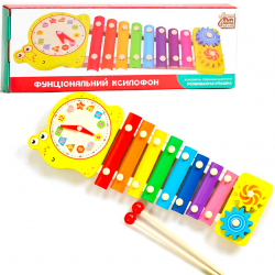 Музична іграшка 3в1, ксилофон, годинник, шестерні, Fun game, жовтий, 38*13*3,5см (62683)