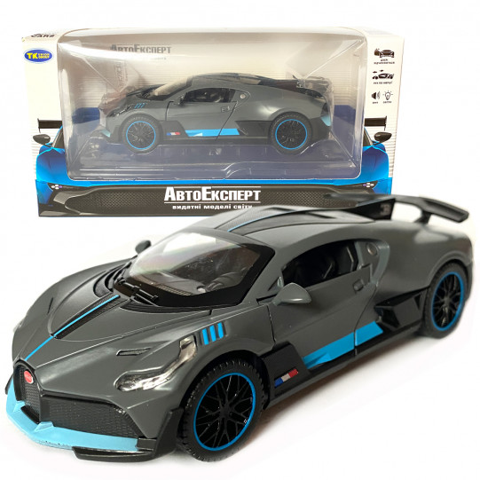 Игрушечная машинка металлическая Bugatti Divo, Бугатти, серая, звук, свет, инерция, откр двери, Автоэксперт, 1:32,15*7*5см (ТК-10063)