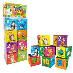 Розвиваючі дитячі Кубики з водонепроникної тканини, FUN Game Club, Тварини, 6 штук, м'які, літери, геометричні фігури, в пакеті 15*7*30см (40413)