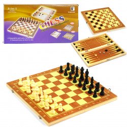 Настольная игра 3в1 Шахматы шашки нарды деревянная доска пластиковые фигуры поле 39*39*2см (45026)
