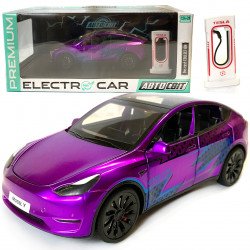 Машинка металлическая Tesla Model Y Electrocar Тесла Модель Y Электрокар фиолетовая 1:24 зарядная станция звук свет откр двери капот багажник резина колеса 18*6*8см (AP-2002)