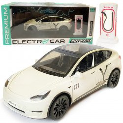 Машинка металлическая Tesla Model Y Electrocar Тесла Модель Y Электрокар белая 1:24 зарядная станция звук свет откр двери капот багажник резина колеса 18*6*8см (AP-2002)