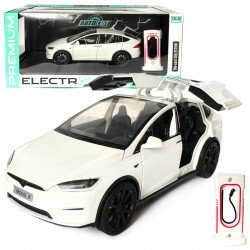 Машинка металлическая Tesla Model X Electrocar Тесла Модель X Электрокар белая 1:24 зарядная станция звук свет откр двери капот багажник резина колеса 18*6*8см (AP-2004)