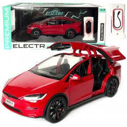 Машинка металлическая Tesla Model X Electrocar Тесла Модель X Электрокар красная 1:24 зарядная станция звук свет откр двери капот багажник резина колеса 18*6*8см (AP-2004)