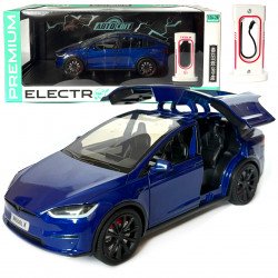 Машинка металева Tesla Model X Electrocar Тесла Модель X Електрокар синя 1:24 зарядна станція звук світло відч двері капот багажник гум колеса 18*6*8см (AP-2004)