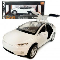 Машинка металлическая Tesla Model x 90D Тесла белая 1:24 свет звук открываются двери баг капот резиновые колеса 21*7*10 см (AP-2048)